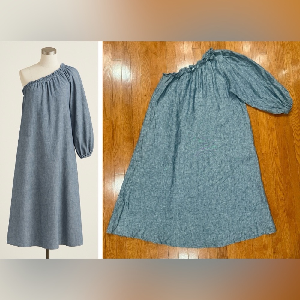 LAKE Milly One Shoulder Puff Sleeve Linen Midi Dress Womens Large Blue Coastal